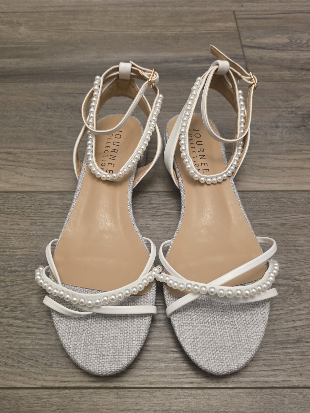Journee Collection "Tulsi" Pearl Ankle Strap Sandals - White Canvas Size 9